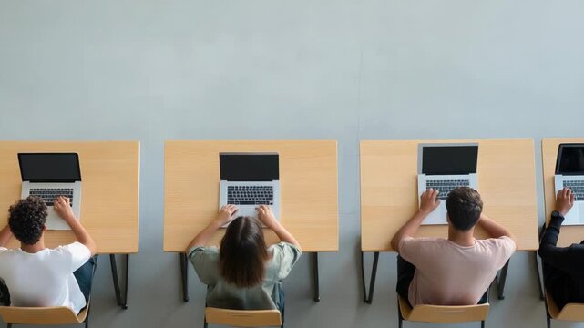 High school students are sitting at individual desks, using laptops with blank screens, possibly learning coding or taking a test, viewed from above in a modern classroom setting