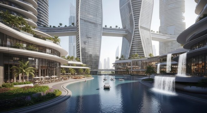 Futuristic cityscape featuring modern architecture with curved buildings, skyscrapers connected by bridges, and a canal with boats, showcasing a utopian urban environment.