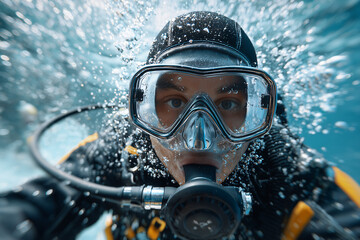 A close-up shot of a scuba diver in the deep ocean, surrounded by bubbles and water