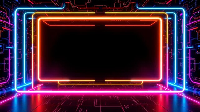 Neon glowing frame with vibrant blue, pink, and orange lights futuristic digital space creating dynamic energetic atmosphere and digital circuit