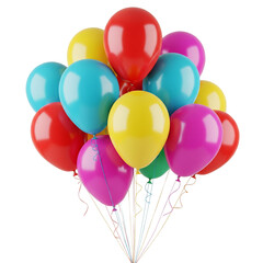 A colorful cluster of helium balloons floating upwards isolated on transparent background