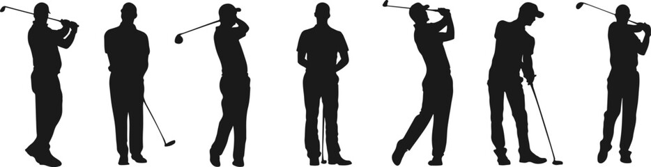 Set silhouettes of golfer isolated on transparent background. Vector illustration