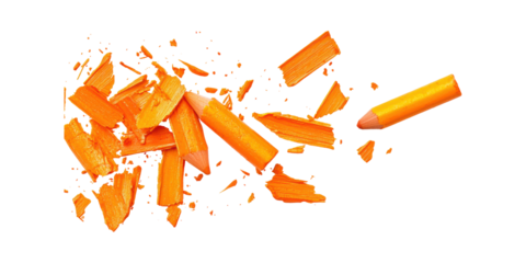 Broken Orange Crayon With Shavings. Creativity And Art Supplies Concept Isolated On Transparent Background