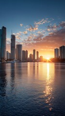 Fototapeta premium Sunset City River Wallpaper: Glittering Skyscraper Reflections under Blue Sky with White Clouds, HD Urban Background Illustration 