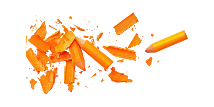 Broken Orange Crayon With Shavings. Creativity And Art Supplies Concept Isolated On Transparent Background