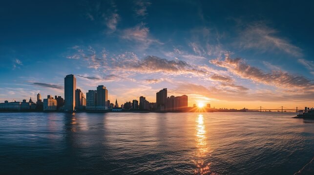 Sunset City River Wallpaper: Glittering Skyscraper Reflections under Blue Sky with White Clouds, HD Urban Background Illustration
