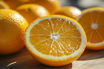Close-up of a sliced orange revealing its juicy segments, surrounded by whole oranges on a wooden surface, bathed in natural light.