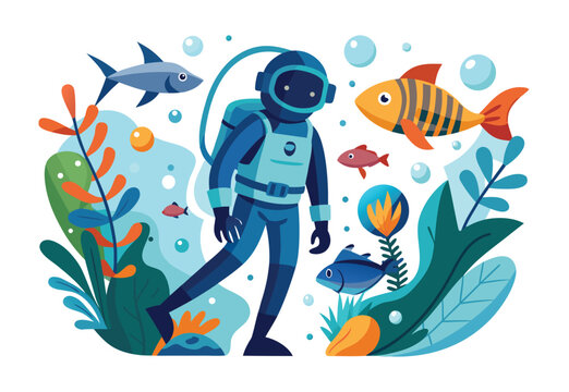 Underwater diver fish aqua hunter vector flat design illustration clipart
