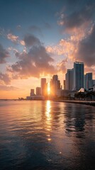 Fototapeta premium Sunset City River Wallpaper: Glittering Skyscraper Reflections under Blue Sky with White Clouds, HD Urban Background Illustration 