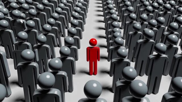 striking red figure standing out in crowd, symbolizing uniqueness and contagion