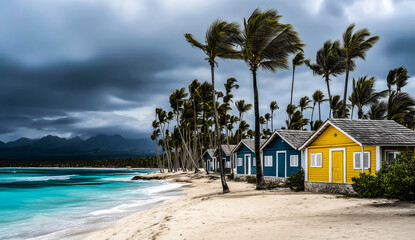 Obraz premium Bright Wooden Beach Cabins With Palm Trees Along Sandy Shore Under Cloudy Tropical Sky At Coast