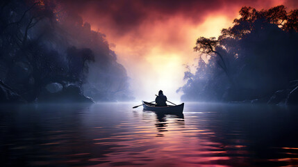 Rowing through a tranquil river at sunset with vibrant colors and mist enveloping the landscape