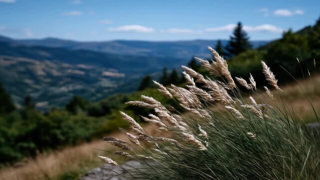 Mountaintop grass blowing in wind, scenic valley backdrop; nature poster