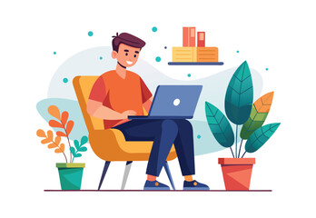 Vector illustration of man using laptop sitting on chair, flat design clipart