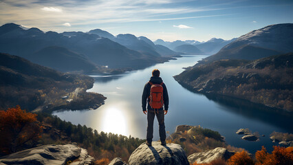 Man stands on rocky shore observing ocean waves at coastal landscape during cloudy afternoon