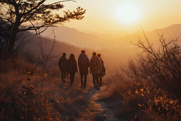 Group of hikers trekking through a golden meadow at sunset in a mountainous region