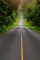 A paved road passing through dense forest with mountains in the background at Khao Yai National...
