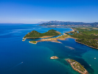 Aerial view of Neretva River delta and sandy beaches near Blace, Croatia – a scenic Mediterranean destination for kitesurfing