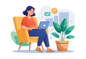 Woman browsing laptop sitting on chair vector illustration flat design clipart