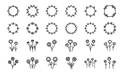 Elegant Flower Icon Collection Featuring Blossoms, Bouquets, Wreaths, Potted Plants, Petals, and Decorative Floral Elements in Silhouettes Style on White Background


