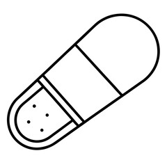 Simple line art illustration of a split pill capsule revealing its powder contents isolated on white background