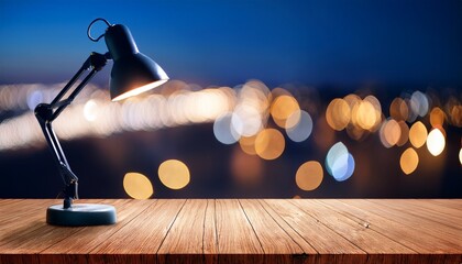desk lamp illuminating on wooden table with blurred light background motion blur business concept motion bokeh background