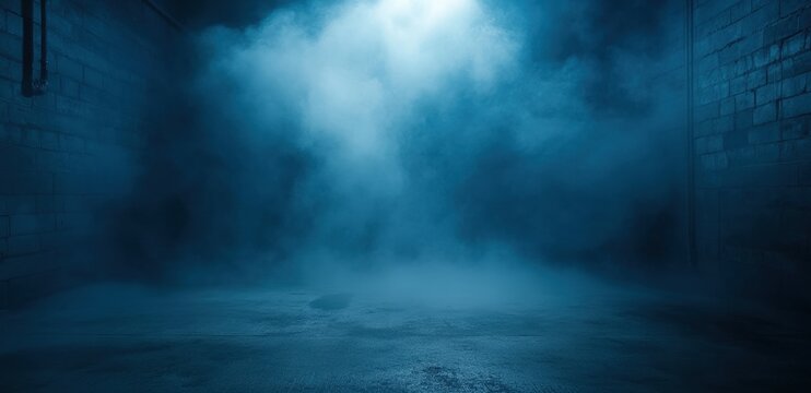 Mysterious Blue Fog in Dark Empty Room with Warehouse Walls and Subtle Lighting Effects for Atmospheric Visuals