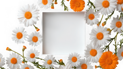 Square frame surrounded by daisies isolated on transparent background