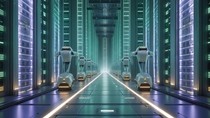 Futuristic Technology Corridor: Explore a sleek and modern server room, an embodiment of technological advancement and data management. A futuristic architectural interior.