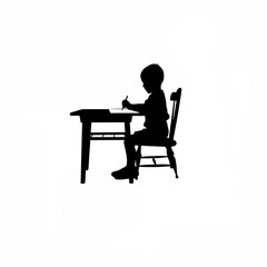 Child Drawing at Table Silhouette on white background