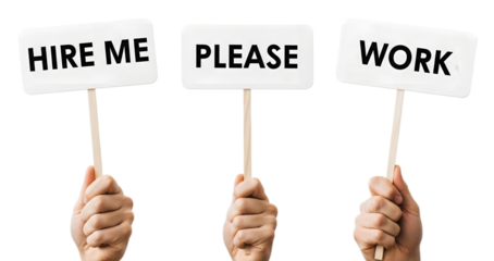 Hands Holding 'Hire Me Please Work' Signs Transparent Background