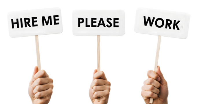 Hands Holding 'Hire Me Please Work' Signs Transparent Background