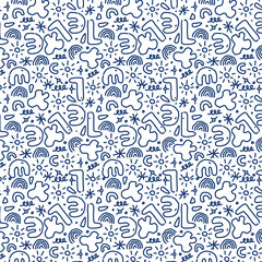 Playful seamless doodle pattern with abstract shapes, squiggles, stars, and lines in blue on a white background, evoking a childlike or casual feel.
