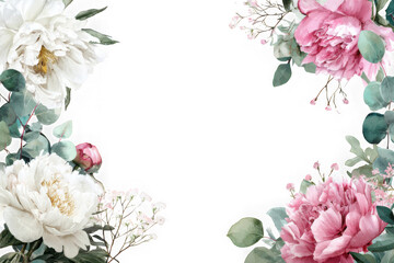 Floral frame with peonies and eucalyptus isolated on transparent background