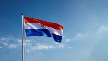 The flag of Paraguay waves proudly in the wind, symbolizing national pride and celebration on Independence Day under a bright blue sky.