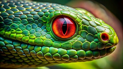 Emerald Gaze: A mesmerizing portrait of a vibrant green snake, showcasing its striking red eye, intricate scale patterns, and captivating gaze.
