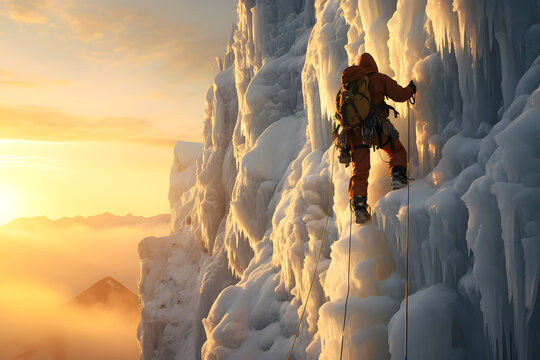 Climber ascends frozen waterfall in winter landscape during early morning light near mountain range - Powered by Adobe