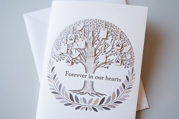 A sympathy card featuring a memorial tree with pet paw prints hangs near an envelope offering condolences for loss.