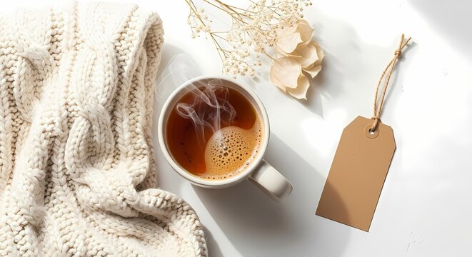 Coffee cup cozy sweater tag lifestyle flat lay