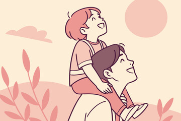 happy child on shoulders, soft gradients, blurred edges, and warm glow, dreamy pastel aesthetic style