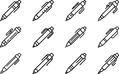 Vector illustration of different pens outlined in minimalistic black and white design