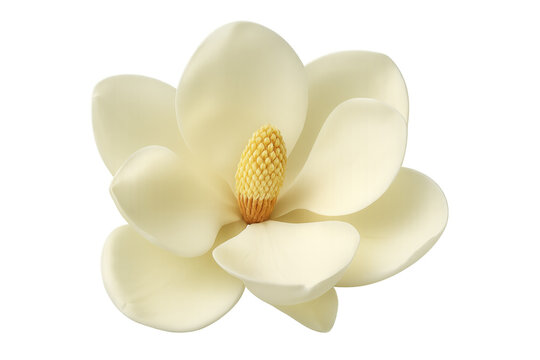 Creamy white magnolia blossom close-up, revealing intricate petal layers and prominent stamen against transparent background