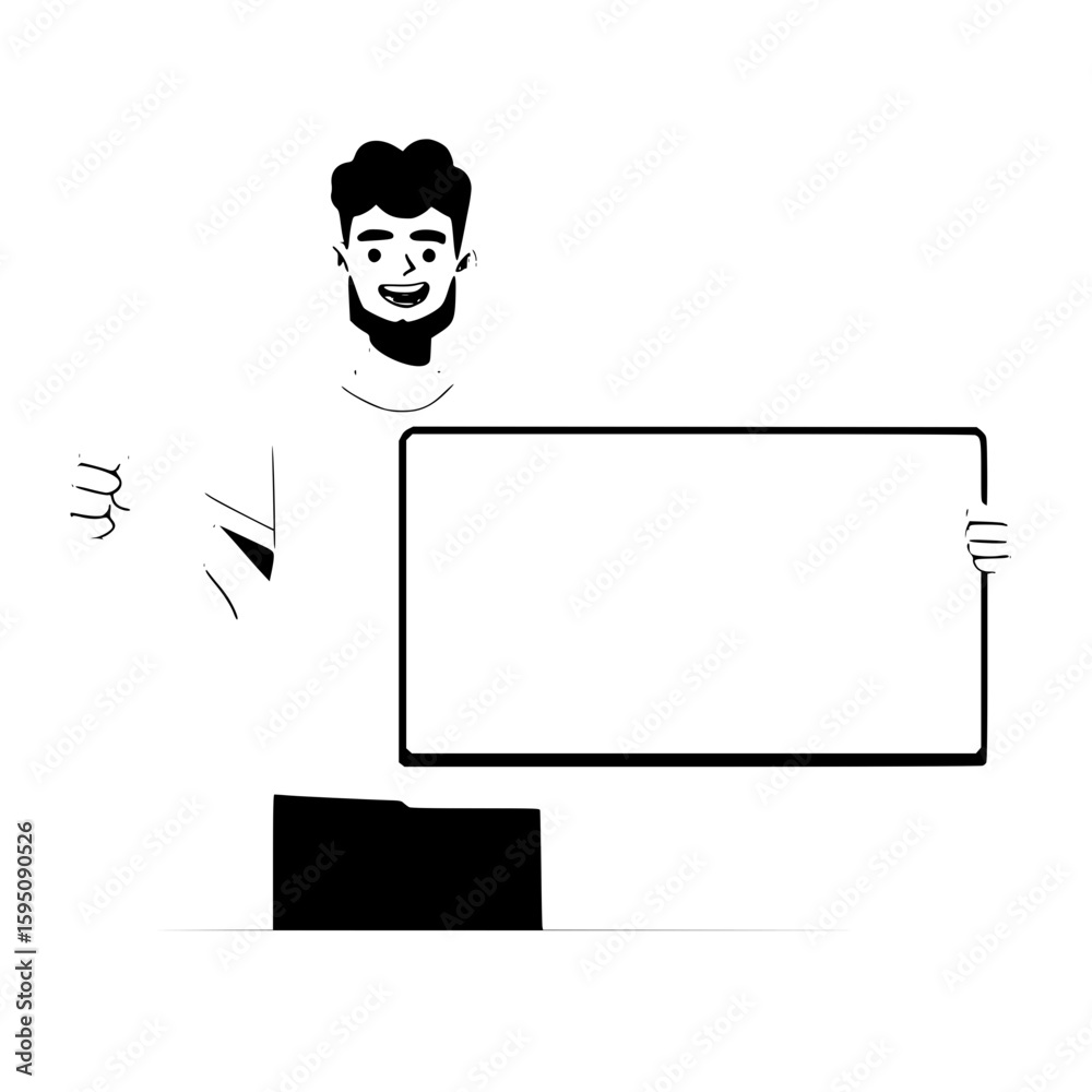Fototapete flat design vector illustration of a man holding a computer with a thumbs-up, smiling, on a pink bac
