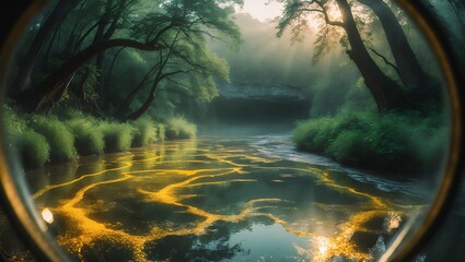 River Flowing Through Forest Viewed Through a Circular Frame on Sunny Day