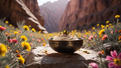 Bowl of Creamy Dessert Topped with Nuts in Wildflower Field
