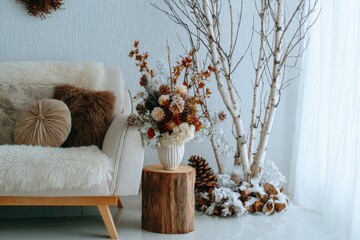 A white couch is in front of a wooden log and a vase of flowers