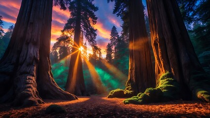 Sun Rays Streaming Through Forest with Large Trees and Moss