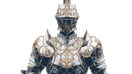 Ornate, white and gold knight's armor, detailed close-up of the chest and helmet, displaying intricate designs and textures, against a plain white background