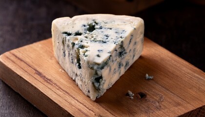 close up of a wedge of blue cheese on a wooden cutting board