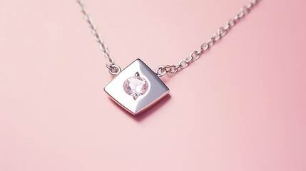 A clean modern silver necklace with a small kite-shaped diamond pendant floating against a baby pink backdrop, detailed chain curve and light glinting, full-frame layout.